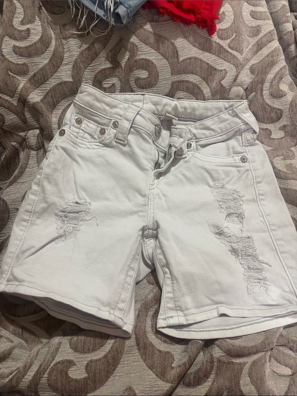 True Religion White Distressed Denim Bermuda Shorts